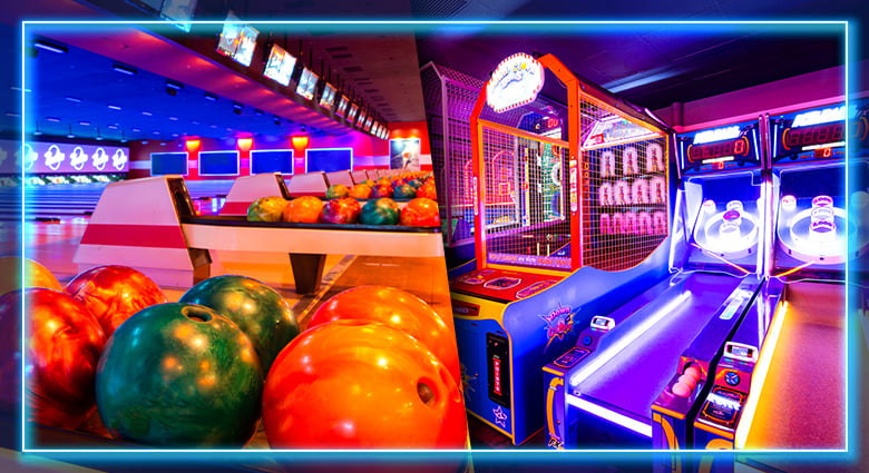 Colorful bowling balls and arcade with lights