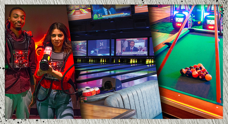 Couple playing laser tag, bowling center, pool table