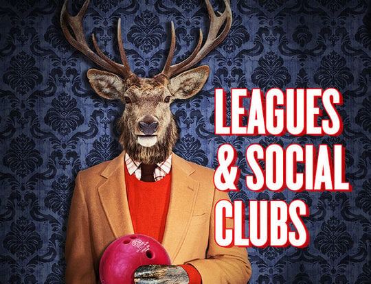 Leagues & Social Clubs. illustration of an anthropomorphic elk wearing a suit and holding a bowling ball