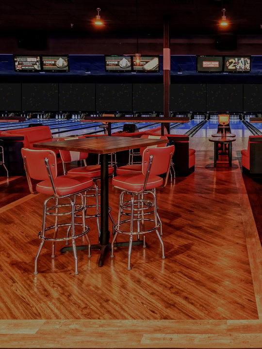 dining area facing bowling lanes