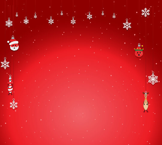 Red gradient background with snowflakes on top and ornaments of snowflakes and bowlmojis