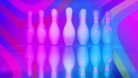 blue and purple bowling pins