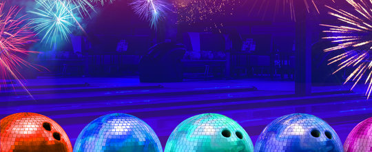 bowling balls on a blue background with fireworks