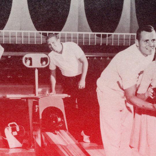 retro bowling picture with a ball return and two men bowling